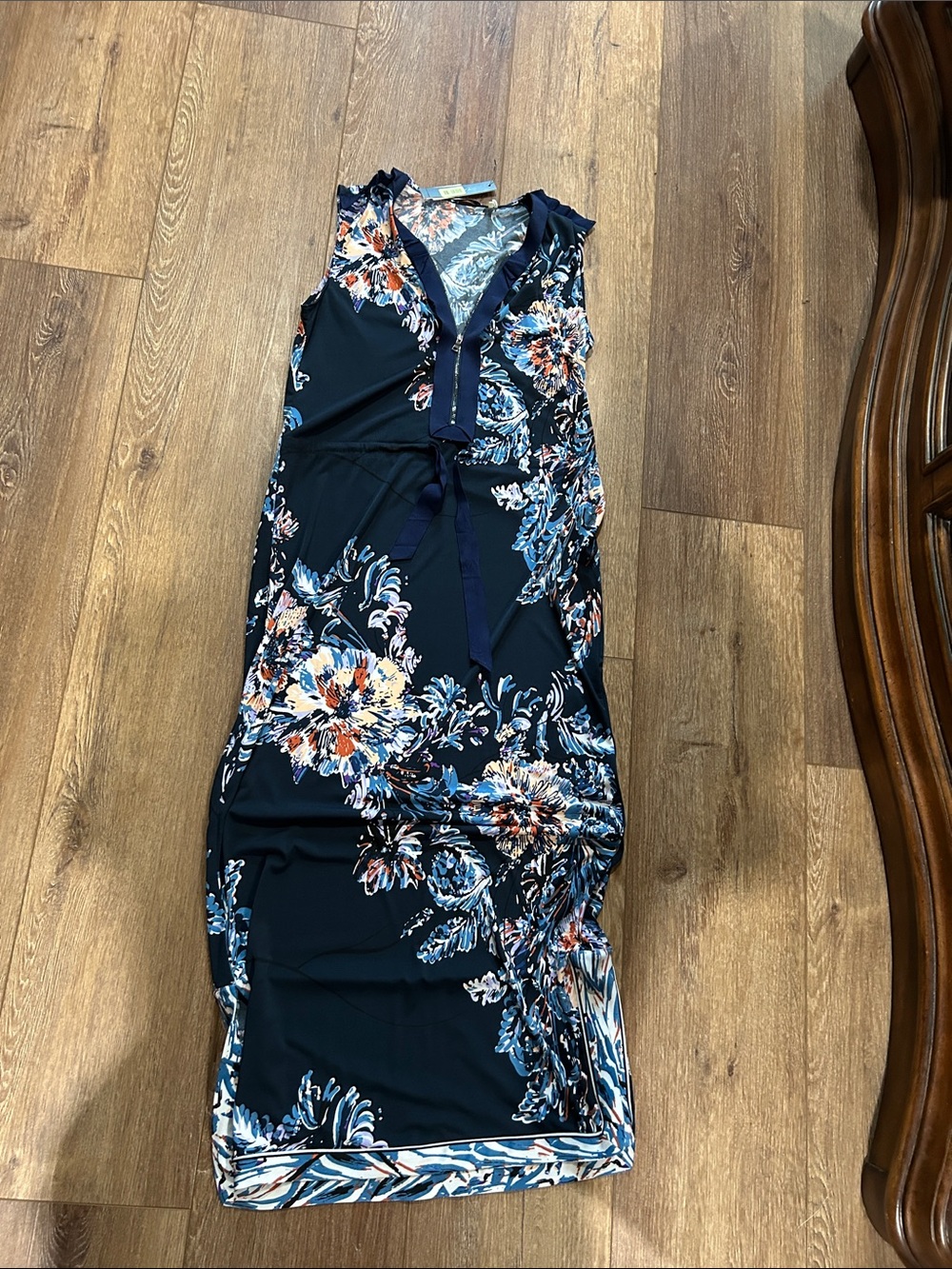 T Tahari Navy Floral Zip-Front dress  with Orange and Blue Accents